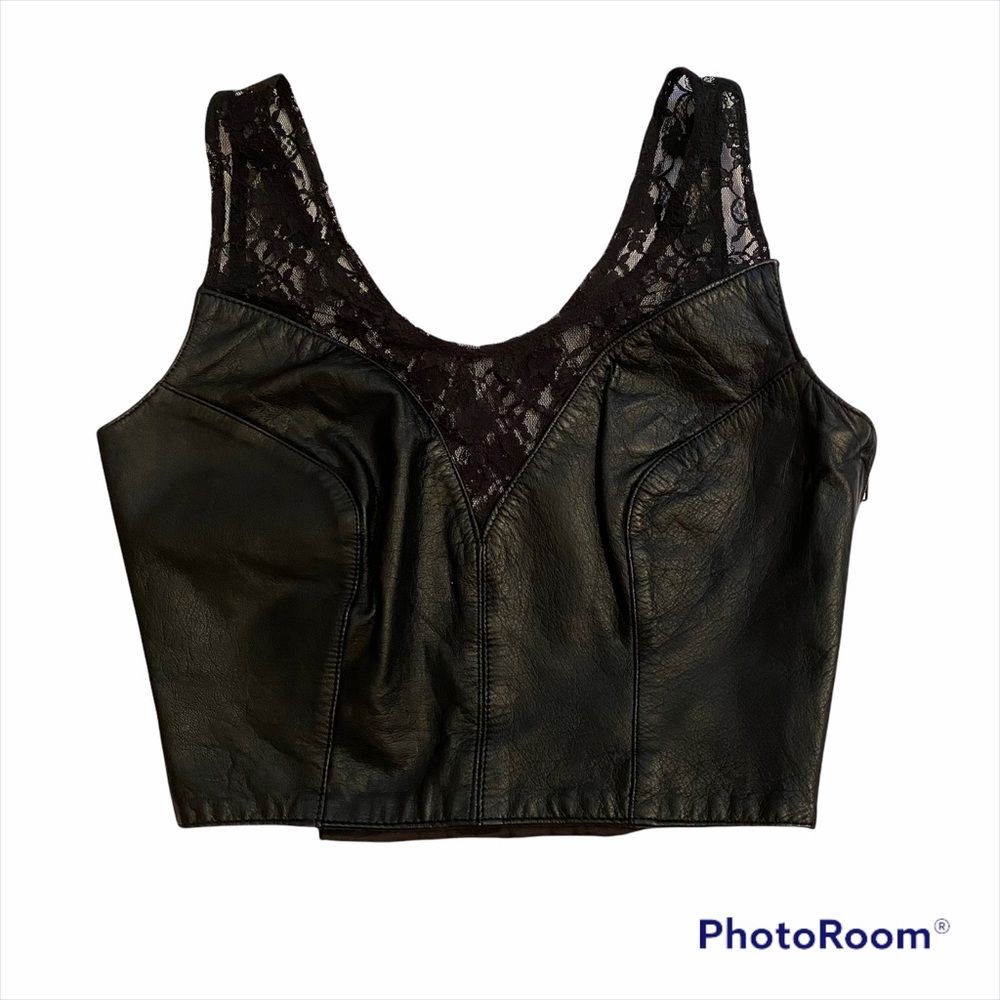 Black Lace-Trim Leather Crop Top